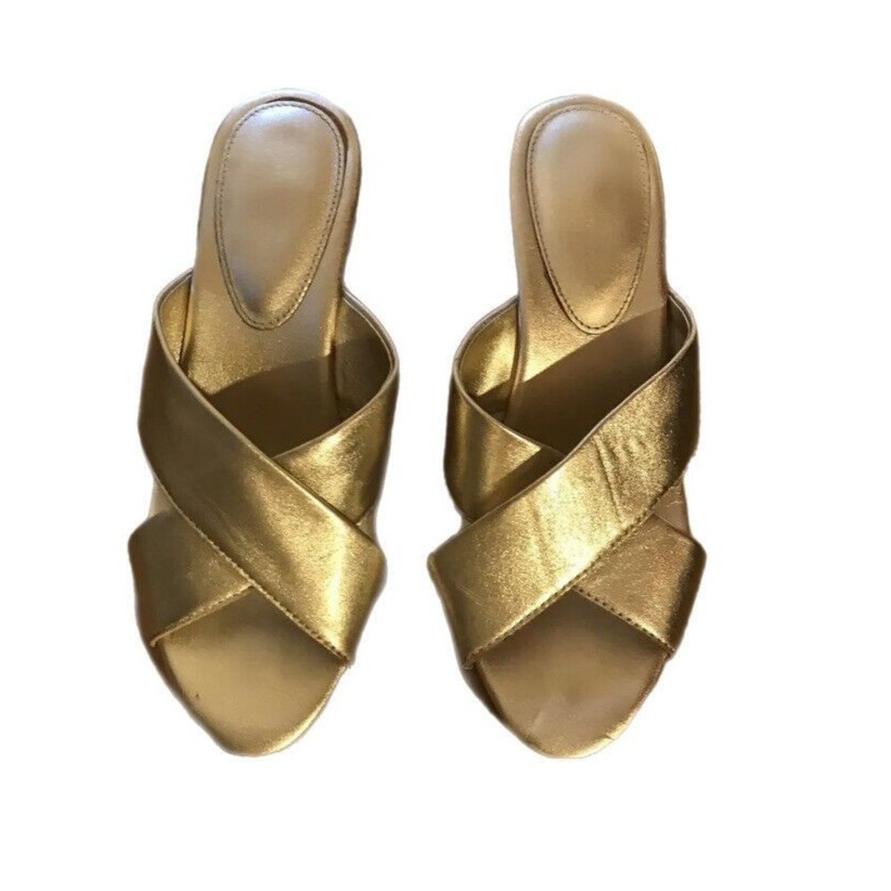 Gold Metallic Wedge Slip On Slide Sandals Size 6.5 M Summer Casual Or Dress Up